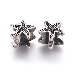 304 Stainless Steel European Beads, Large Hole Beads, Starfish/Sea Stars, Antique Silver, 11x12x8.5mm, Hole: 5mm(STAS-E454-44AS)