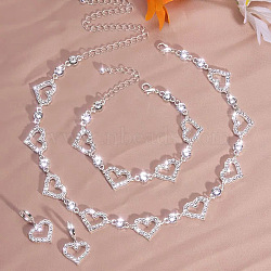 Heart Alloy Crystal Rhinestone Link Chain Necklace & Hoop Earring & Bracelets Sets, Silver, 350mm(FS-WG0CDC6-01-1)