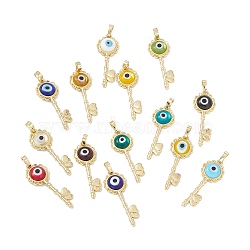 Handmade Evil Eye Lampwork Pendants, with Rack Plating Real 18K Gold Plated Brass Findings, Long-Lasting Plated, Flower Key with Heart, Mixed Color, 33x12x3.5mm, Hole: 4x7mm(LAMP-G157-03G)