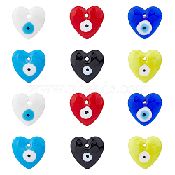 12Pcs 6 Colors Handmade Evil Eye Lampwork Pendants, Heart, Mixed Color, 36x35x7.5mm, Hole: 3.5mm, 2pcs/color(LAMP-DC0001-12)