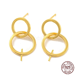 Double Rings 925 Sterling Silver Dangle Stud Earring Findings, for Half Drilled Beads, with S925 Stamp, Real 18K Gold Plated, 22x10mm, Pin: 10.5x0.7mm and 0.7mm(STER-Q192-27G)