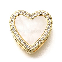 Brass Micro Pave Clear Cubic Zirconia Heart Multi-Strand Links, with Shell, Rack Plating, Long-Lasting Plated, Lead Free & Cadmium Free, Real 18K Gold Plated, 13x13x5.5mm, Hole: 2x1mm(KK-M309-07G)