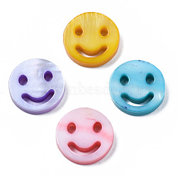 Natural Freshwater Shell Beads, Dyed, Flat Round with Smile Face, Mixed Color, 12x2.5mm, Hole: 0.8mm(SHEL-T017-43B)