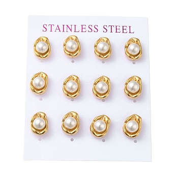 Vacuum Plating 304 Stainless Steel Stud Earring, with Plastic Imitation Pearl, Oval, Golden, 11.8x9.8mm, 12pcs/set