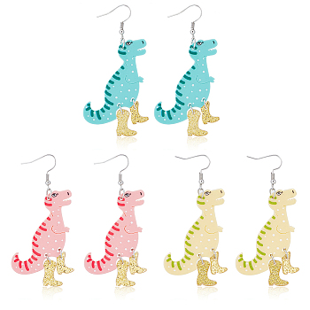 3 Pairs 3 Colors Dinosaur & High Heels Acrylic Dangle Earrings, Iron Jewelry for Women, Mixed Color, 76.5mm, Pin: 0.5mm, 1 pair/color