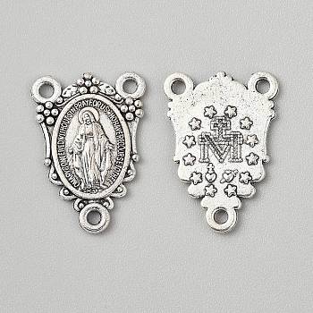 Zinc Alloy Chandelier Component Links, Oval with Virgin Pattern, Antique Silver, 23.5x17x1.7mm, Hole: 2mm