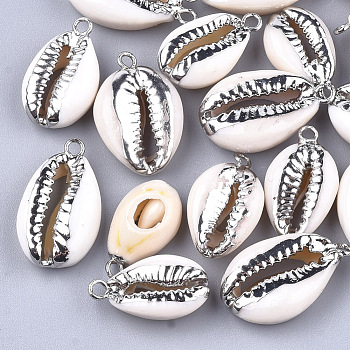 Electroplate Cowrie Shell Pendants, with Iron Findings, Platinum, 18~24x10~14x6~7mm, Hole: 1.5mm