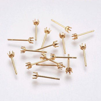 304 Stainless Steel Stud Earring Settings, Real 24K Gold Plated, 13x3mm, Pin: 0.8mm, Tray: 2.5mm
