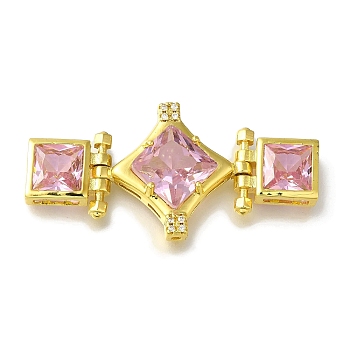 Rack Plating Brass Micro Pave Cubic Zirconia Clasp, with Glass Rhinestone, Lead Free & Cadmium Free, Long-Lasting Plated, Pink, Rhombus, Golden, 45x21x6mm