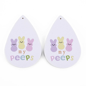 PU Leather Big Teardrop with Bunny Pendants, Easter Theme, with Rabbit Pattern, White, 55~56.5x35~37x2mm, Hole: 1~2mm