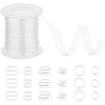 PandaHall Elite 180Pcs 6 Style Plastic Buckles, Underwear, Accessories, with 1 Roll Polyurethane Transparent Straps, Clear, 8~13.5x8~13.5x2mm, Hole: 3.5x6~10mm, 30pcs/style