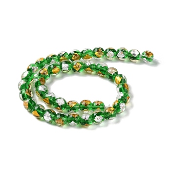 Handmade Gold & Silver Foil Lampwork Beads, Round, Green, 10~10.5mm, Hole: 1.6~1.8mm, about 40pcs/strand, 14.57 inch(37cm)