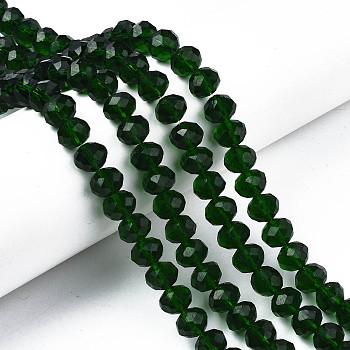 Glass Beads Strands, Faceted, Rondelle, Dark Green, 10x8mm, Hole: 1mm, about 65~66pcs/strand, 20.8~21.2 inch(53~54cm)