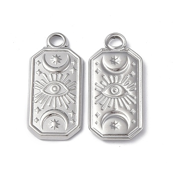 304 Stainless Steel Pendants, Rectangle with Moon & Eye, Stainless Steel Color, 23x11x2mm, Hole: 2mm