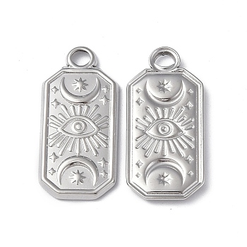 Non-Tarnish 304 Stainless Steel Pendants, Rectangle with Moon & Eye, Stainless Steel Color, 23x11x2mm, Hole: 2mm