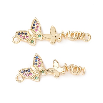 Brass Micro Pave Colorful Cubic Zirconia Links Connectors, Butterfly, Real 18K Gold Plated, 10x27.5x2.5mm, Hole: 1.4mm