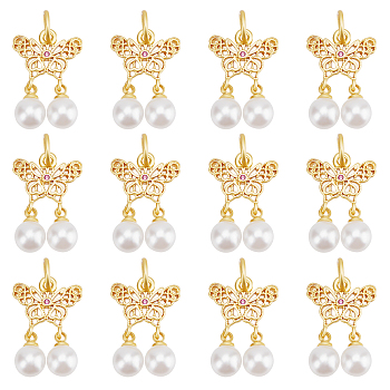 20Pcs ABS Plastic Imitation Pearl Pendants, with Cubic Zirconia & Brass Findings and Jump Rings, Butterfly with Round, Matte Gold Color, 23mm, Hole: 4.2mm