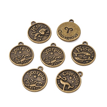 Tibetan Style Alloy Pendants, Flat Round with Mixed Constellation/Zodiac Sign, Cadmium Free & Nickel Free & Lead Free, Antique Bronze, 20x17x2mm, Hole: 2mm, about 175pcs/500g