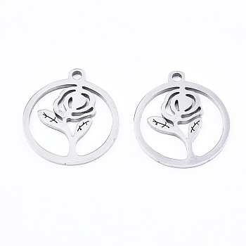Valentine's Day 201 Stainless Steel Pendants, Laser Cut, Hollow, Ring with Rose, Stainless Steel Color, 17x15x1mm, Hole: 1.4mm