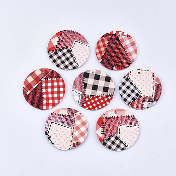 PU Leather Pendants, Flat Round with Splicing Tartan Pattern, Red, 40.5x1.5mm, Hole: 2mm