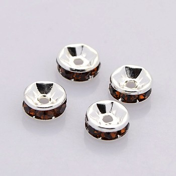 Brass Rhinestone Spacer Beads, Grade A, Straight Flange, Silver Color Plated, Rondelle, Coffee, 8x3.8mm, Hole: 1.5mm