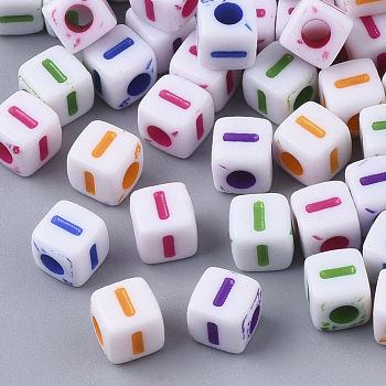 White Opaque Acrylic Beads, Horizontal Hole, Cube with Mixed Color Letter, Letter.I, 5x5x5mm, Hole: 2mm, about 5000pcs/500g