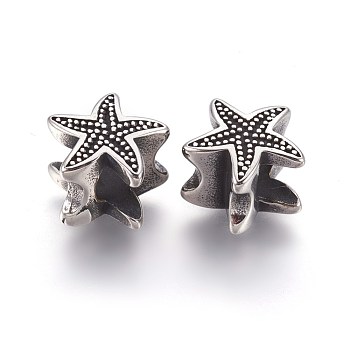 304 Stainless Steel European Beads, Large Hole Beads, Starfish/Sea Stars, Antique Silver, 11x12x8.5mm, Hole: 5mm