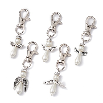 Angel Alloy & Glass Pearl Beads Pendants Decorations, with Lobster Clasp, Antique Silver, 75~77mm