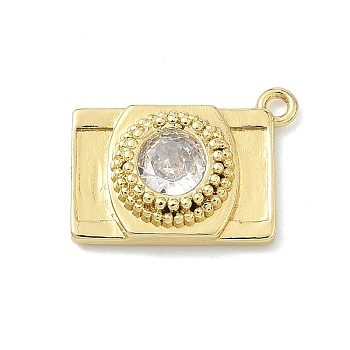 Brass Pave Clear Cubic Zirconia Charms, Camera Charms, Cadmium Free & Lead Free, Long-Lasting Plated, Rack Plating, Real 18K Gold Plated, 12x16.5x4mm, Hole: 1.4mm
