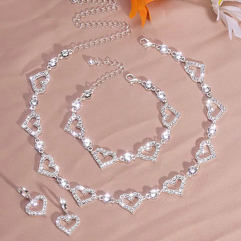 Heart Alloy Crystal Rhinestone Link Chain Necklace & Hoop Earring & Bracelets Sets, Silver, 350mm