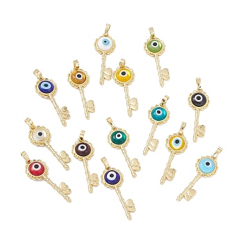 Handmade Evil Eye Lampwork Pendants, with Rack Plating Real 18K Gold Plated Brass Findings, Long-Lasting Plated, Flower Key with Heart, Mixed Color, 33x12x3.5mm, Hole: 4x7mm