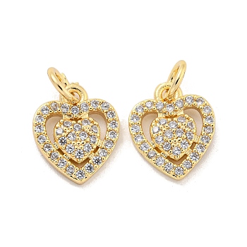 Brass Micro Pave Cubic Clear Zirconia Charms, Heart, Golden, 12x10x2mm, Hole: 3mm