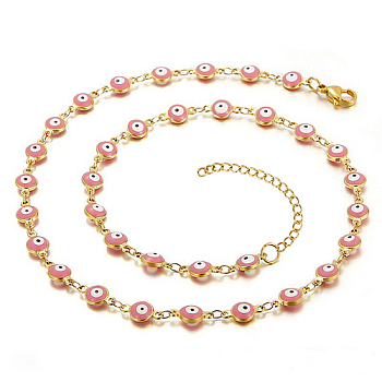 Enamel Evil Eye Link Chain Necklace, Golden Stainless Steel Necklace, Pink, 17.72 inch(45cm)