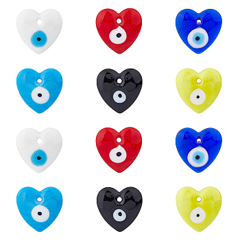 12Pcs 6 Colors Handmade Evil Eye Lampwork Pendants, Heart, Mixed Color, 36x35x7.5mm, Hole: 3.5mm, 2pcs/color