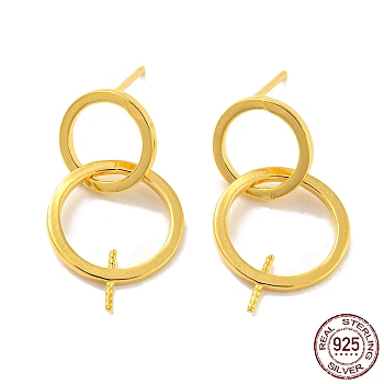 Double Rings 925 Sterling Silver Dangle Stud Earring Findings, for Half Drilled Beads, with S925 Stamp, Real 18K Gold Plated, 22x10mm, Pin: 10.5x0.7mm and 0.7mm
