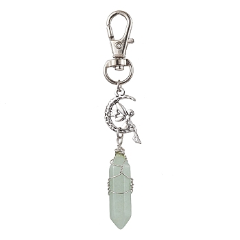 Pointed Natural Green Aventurine Pendant Decorations, with Alloy Pendants and Swivel Lobster Claw Clasps, Fairy and Bullet, 87mm
