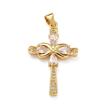Brass Micro Pave Clear Cubic Zirconia Pendants, Cross, Real 18K Gold Plated, 30x19x4mm, Hole: 4x3mm