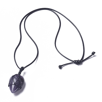 Natural Amethyst Beaded Pendant Necklaces, Adjustable, with Waxed Cord, teardrop, 18.1~29.9 inch(46~76cm), 2mm