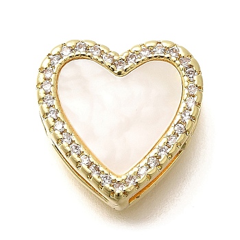 Brass Micro Pave Clear Cubic Zirconia Heart Multi-Strand Links, with Shell, Rack Plating, Long-Lasting Plated, Lead Free & Cadmium Free, Real 18K Gold Plated, 13x13x5.5mm, Hole: 2x1mm