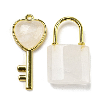 Natural Quartz Crystal Pendants, Rock Crystal Heart Key & Lock Charms with Golden Plated Alloy Findings, 32.5~38x20~17x6~7mm, Hole: 1.8~2mm, 2pcs/set