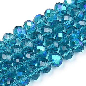 Electroplate Glass Beads Strands, Half Rainbow Plated, Faceted, Rondelle, Steel Blue, 6x5mm, Hole: 1mm, about 85~88pcs/strand, 16.1~16.5 inch(41~42cm)