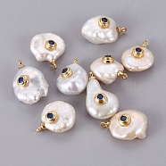 Natural Cultured Freshwater Pearl Pendants, with Brass Micro Pave Cubic Zirconia Cabochons, Long-Lasting Plated, Real 18K Gold Plated, Marine Blue, 16~22.5x10~14mm, Hole: 1.4mm(PEAR-F008-31G-05)