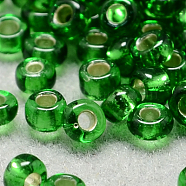 8/0 Grade A Round Glass Seed Beads, Silver Lined, Green, 8/0, 3x2mm, Hole: 1mm, about 10000pcs/pound(SEED-Q007-3mm-F52)