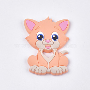 Food Grade Eco-Friendly Silicone Kitten Cabochons, Chewing Beads For Teethers, DIY Nursing Necklaces Making, Cartoon Cat, Light Salmon, 90~91x64x9.5mm(SIL-T052-08F)