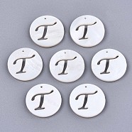 Natural Freshwater Shell Charms, Flat Round with Hollow Out Letter, Letter.T, 14.5x1.5mm, Hole: 0.9mm(X-SHEL-S276-119T)