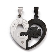 Titanium Steel Couple Pendants, Split Pendants, with Crystal Rhinestone, for Valentine's Day, Heart with Lock & Key & Word I LOVE YOU, Electrophoresis Black & Stainless Steel Color, 32x32x2.5mm, Hole: 7x3.5~4mm(STAS-K235-06EBP)