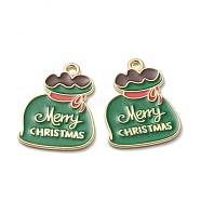 Alloy Enamel Pendants, for Christmas, Light Gold Plated, Bag with Word Merry Christmas, Green, 24x17.5x1mm, Hole: 1mm(X-ENAM-J649-31LG-A)