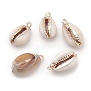 Electroplate Cowrie Shell Pendants, with Iron Findings, 16~24x8~13x6~7mm, Hole: 1.8mm(BSHE-L037-04)