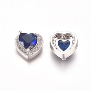 Brass Micro Pave Cubic Zirconia Beads, Heart, Blue & Clear, Platinum, 12x12.5x6.5mm, Hole: 1x2mm(ZIRC-I038-27P)