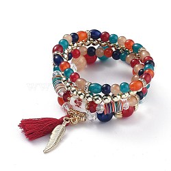 Multi-layered Stretch Bracelets Sets, Stackable Bracelets, with Acrylic Beads, Golden Plated Alloy Findings and Yarn Tassel Pendants, Colorful, Inner Diameter: 1-7/8~2-1/8 inch(4.9~5.4cm), 4pcs/set(BJEW-H533-02C)